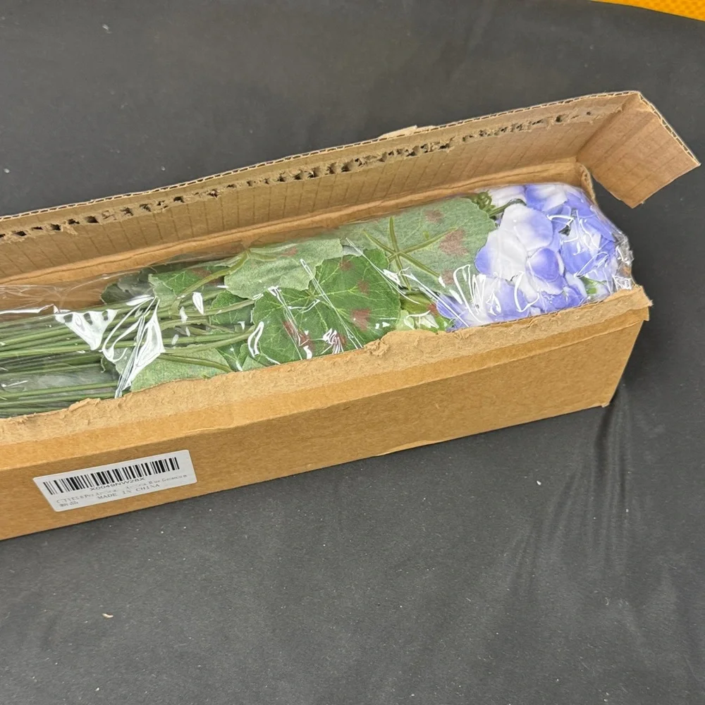 8 Piece Artificial Blue Geranium and Green leaves Floral Arrangement new